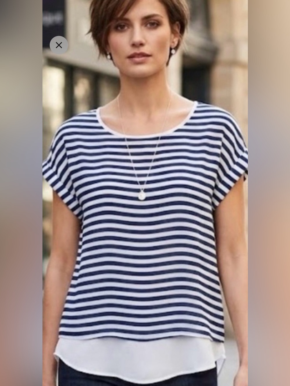 a.n.a Navy and White Striped Short Sleeve Layered Blouse